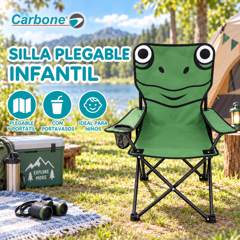 Silla Plegable Infantil Para Camping Playa Picnic Y Exterior Diseño Ranita. Capacidad 80 Kgs. Color Verde (60x36x36cm)
