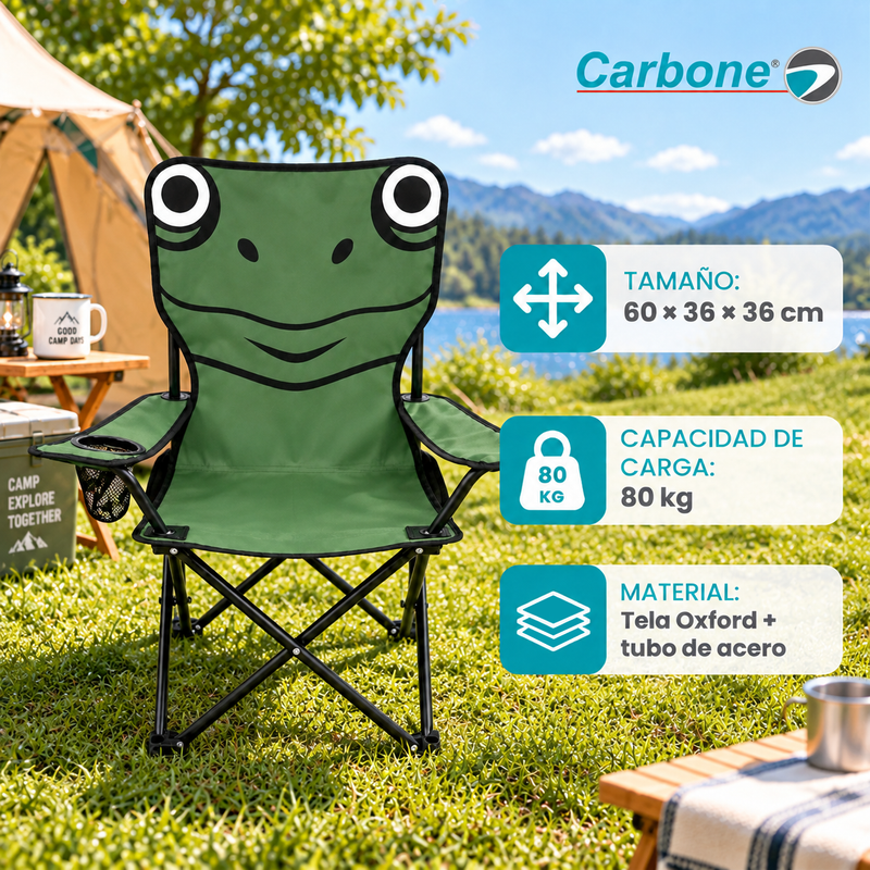 Silla Plegable Infantil Para Camping Playa Picnic Y Exterior Diseño Ranita. Capacidad 80 Kgs. Color Verde (60x36x36cm)