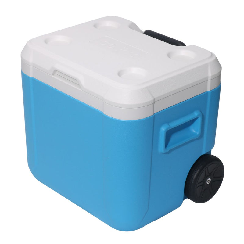Cooler portátil 52L con ruedas azul/blanco, aislamiento térmico antifugas para camping y picnic Hielera (52.8×41.5×48.0cm)