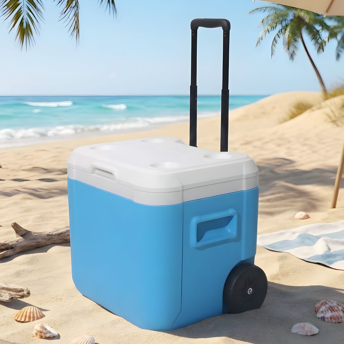 Cooler portátil 52L con ruedas azul/blanco, aislamiento térmico antifugas para camping y picnic Hielera (52.8×41.5×48.0cm)