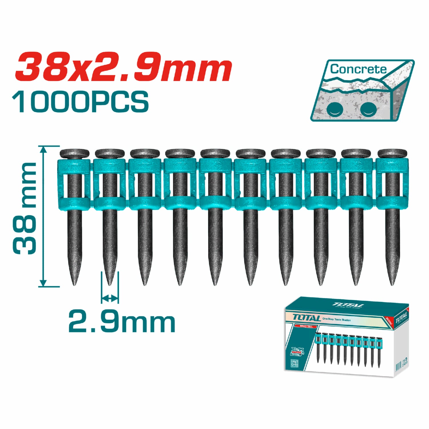 Clavos para clavadora de concreto 2.9 x 38 mm. Caja con 1000 Unidades. Acero 60#.