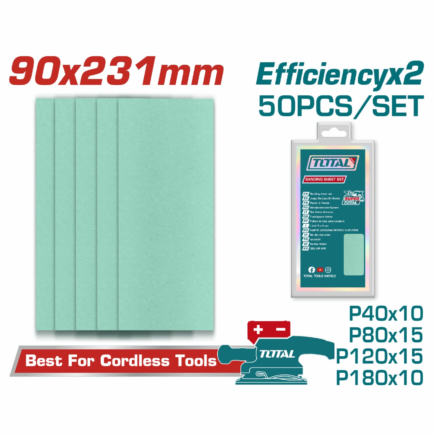 Papeles de Lija 90x231mm P40, P80, P120, P180 Para Múltiples Superficies. Set de 50 Piezas. Lijas