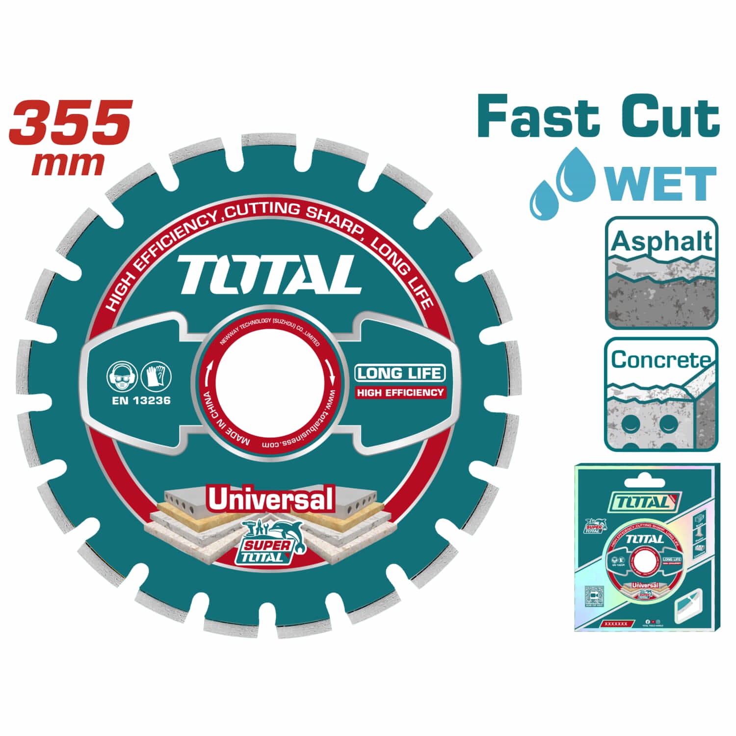 Disco de diamante para cortar asfalto y concreto 355mm (14”) X 25.4mm. Espesor de hoja 12 mm.