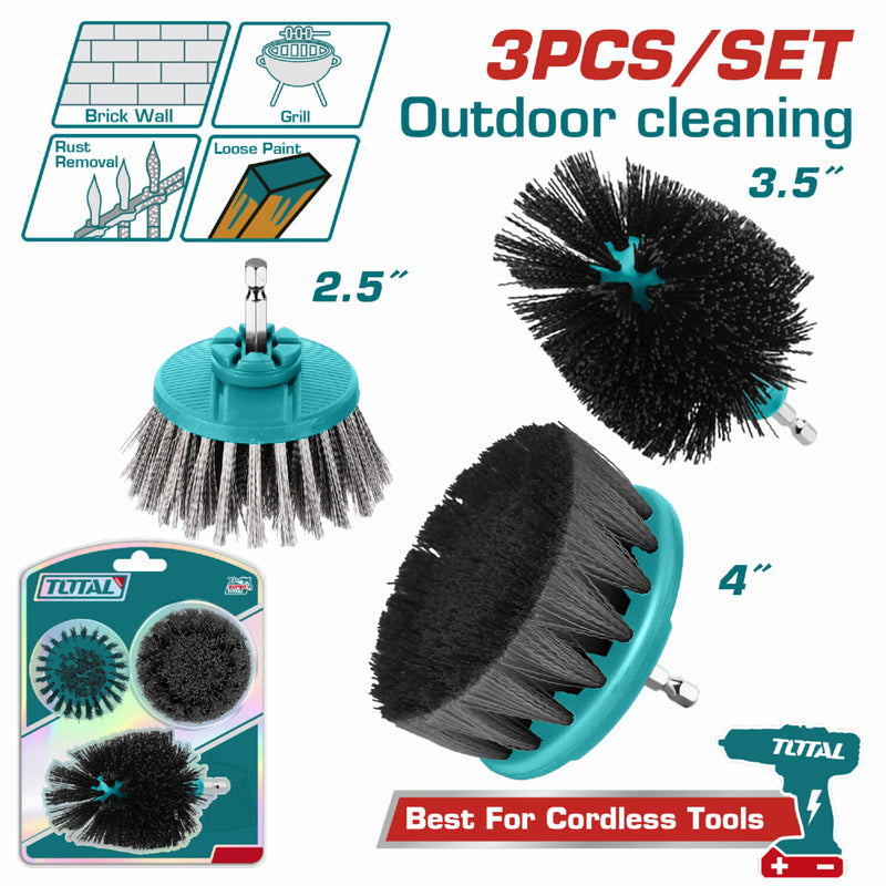 Cepillos para drill multipropósitos. Set de 3 piezas (cepillo metálico, abrasivo y de cerdas duras) con Vástago 1/4" Hex.