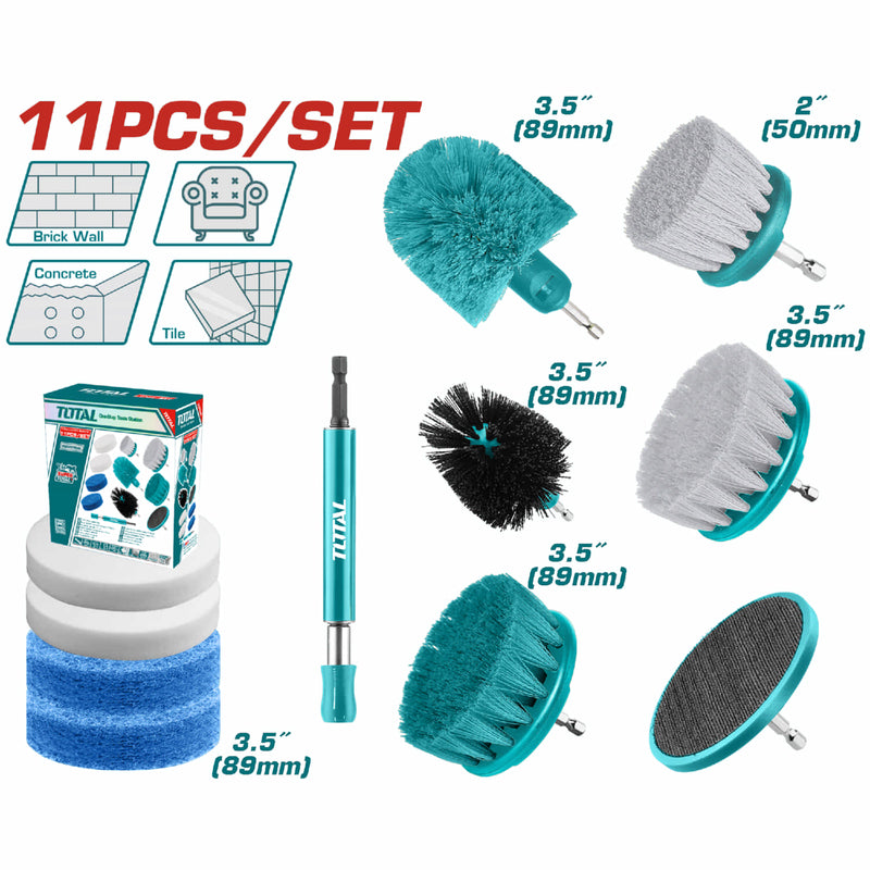 Cepillos de drill para limpieza con accesorios. Set de 11 piezas. Incluye: Almohadillas, esponjas y soporte.
