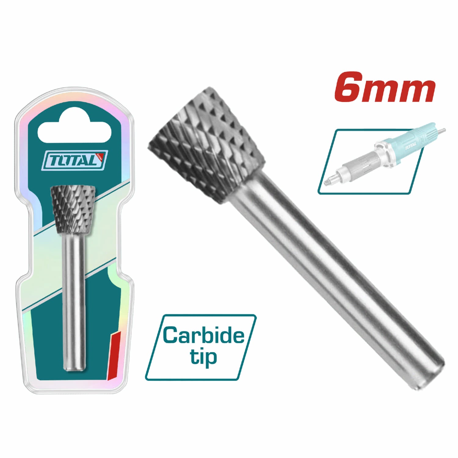 Fresa Lima Rotativa de HSS Tipo Cónica con Punta Plana, Vástago 6 mm, Cabeza:8Mm.