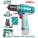 Taladro inalámbrico 12V de dos velocidades: 0-400 / 0-1500 rpm. 20Nm. Torque:15+1. Carga USB-C. Incluye 1 batería. No incluye cargador.