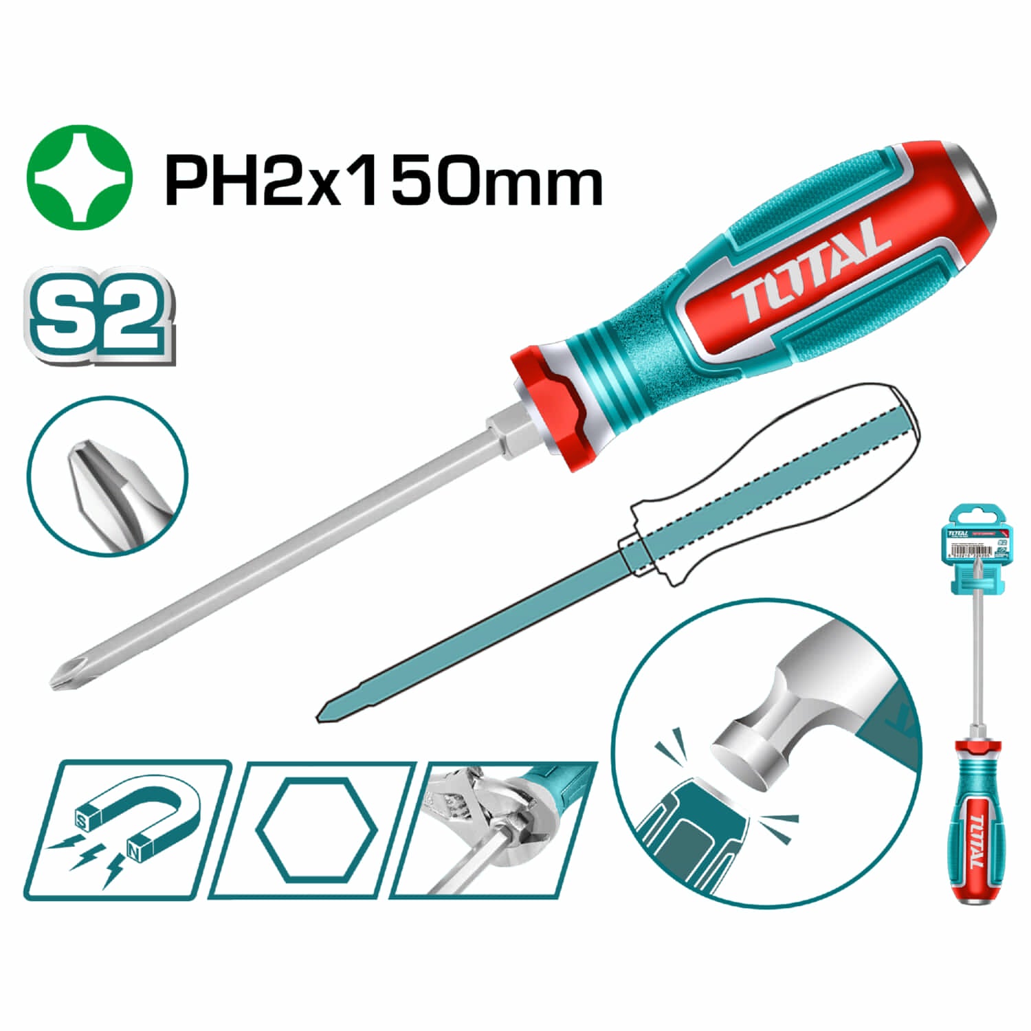 Destornillador Pasante Phillips 6x150mm Material de la hoja: S2 Tipo de punta: Phillips PH2 Magnético.