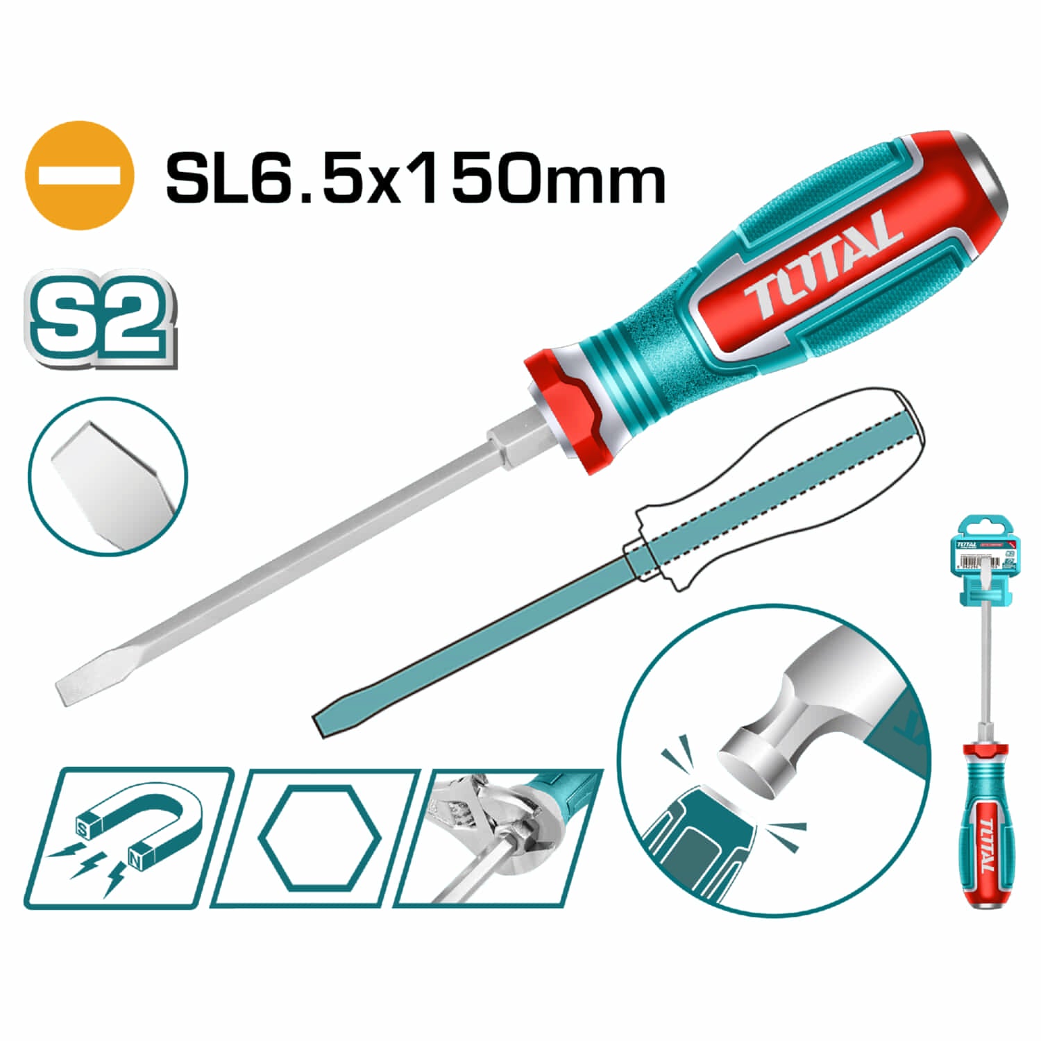 Destornillador Pasante Plano 6x150mm Material de la hoja: S2 Tipo de punta: Plana SL6.5 Magnética.