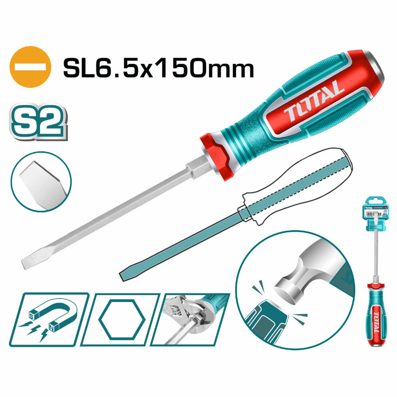 Destornillador Pasante Plano 6x150mm Material de la hoja: S2 Tipo de punta: Plana SL6.5 Magnética.