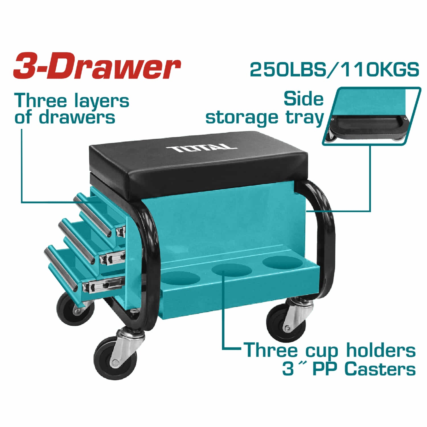 Silla de Mecánico Con 3 Cajones Laterales, Bandeja Frontal y Estante Trasero. Ideal Para Taller o Garaje. Banco rodante.