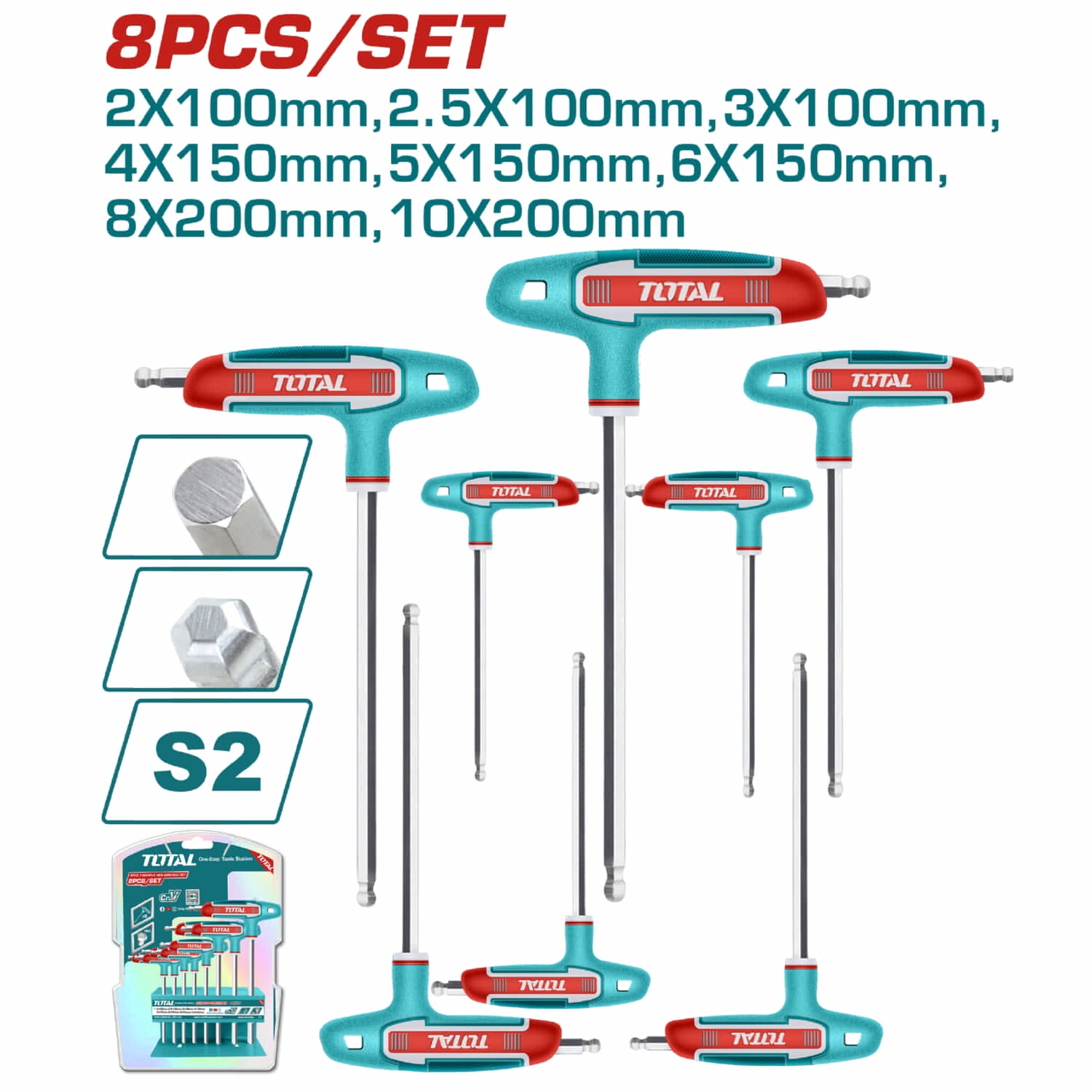 Llaves Allen hexagonales Tipo T Con Punta Bola. Acero S2, Tratamiento térmico. Set 8 de piezas.