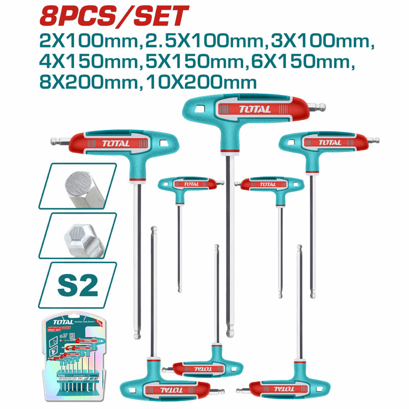 Llaves Allen hexagonales Tipo T Con Punta Bola. Acero S2, Tratamiento térmico. Set 8 de piezas.