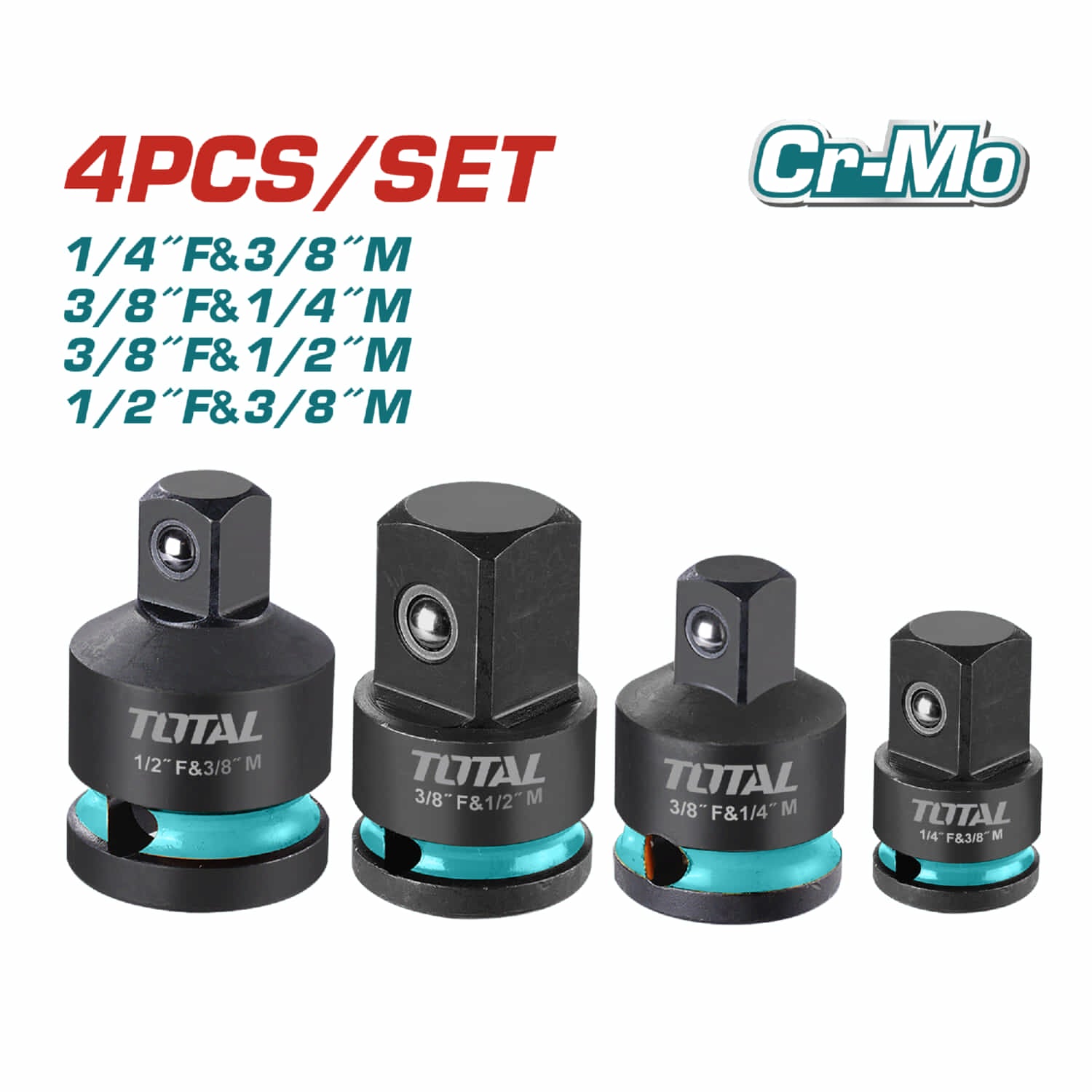 Adaptadores para dado socket de Impacto. Material: Cr-Mo. Set de 4 piezas. Enchufes de impacto.