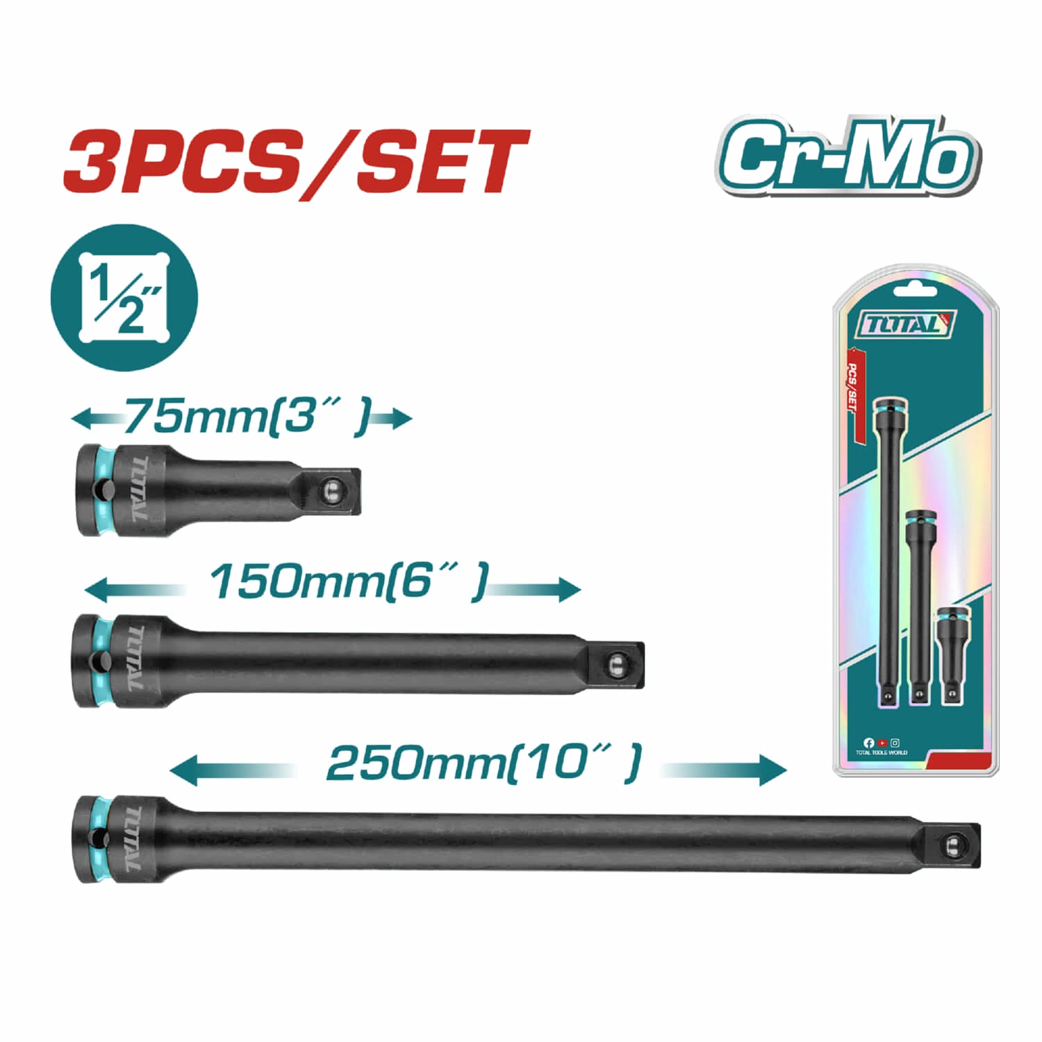 Barras de extensión de impacto de 1/2". Material: Cr-V Tratamiento térmico. Juego de 3 piezas (75, 150, 250mm)