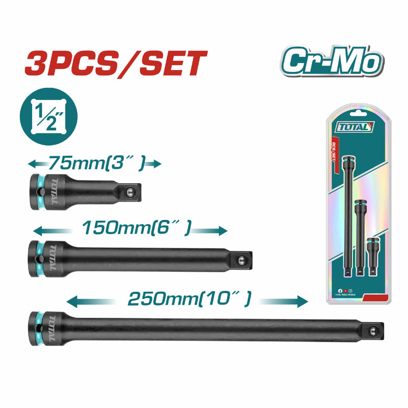 Barras de extensión de impacto de 1/2". Material: Cr-V Tratamiento térmico. Juego de 3 piezas (75, 150, 250mm)