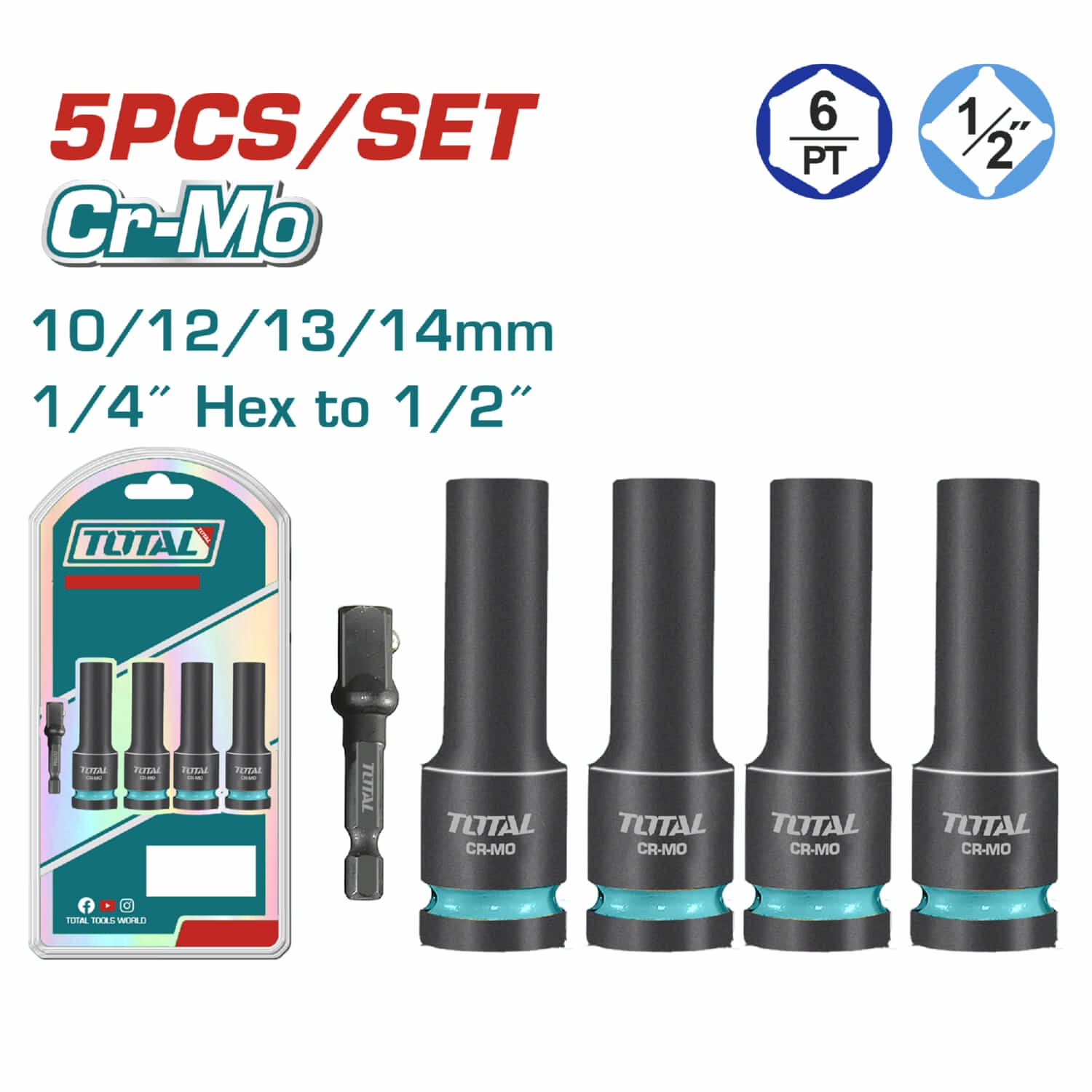 Dados Sockets impacto profundo 1/2" (10-12-13-14mm) Con Adaptador 1/4" a 1/2" (Set de 5 piezas)