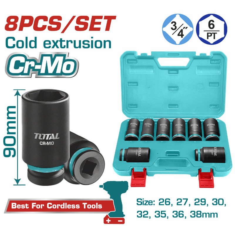 Dados Socket De Impacto profundo 3/4" (Set de 8 piezas). 26-38mm. Cr-Mo. Tratamiento Térmico.