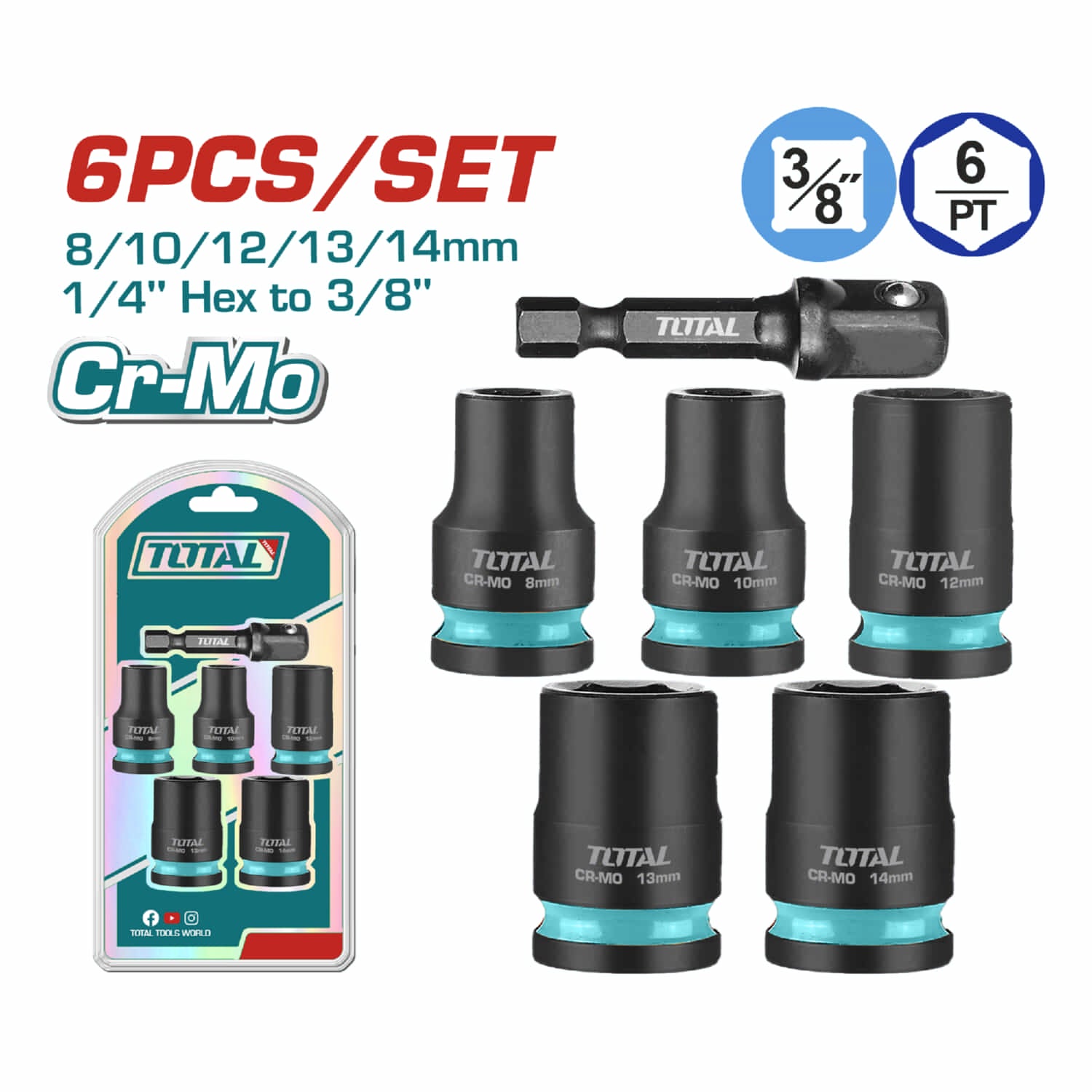 Dados Socket de Impacto 3/8" 8-14mm. Cr-Mo. Tratamiento térmico. Set de 6 piezas.