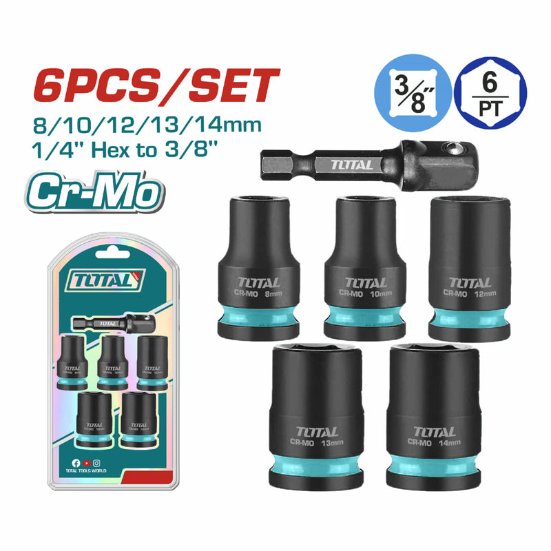 Dados Socket de Impacto 3/8" 8-14mm. Cr-Mo. Tratamiento térmico. Set de 6 piezas.