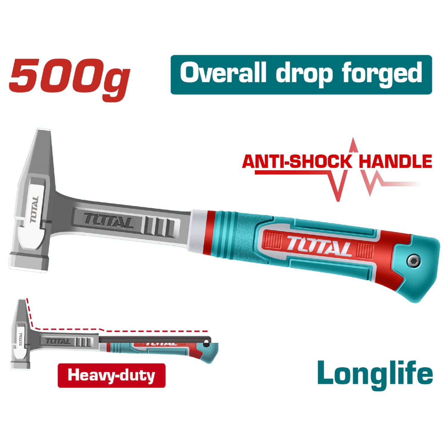 Martillo forjado 500g Tratamiento térmico, heavy Duty. Mango ergonómico. Martillo de maquinista.