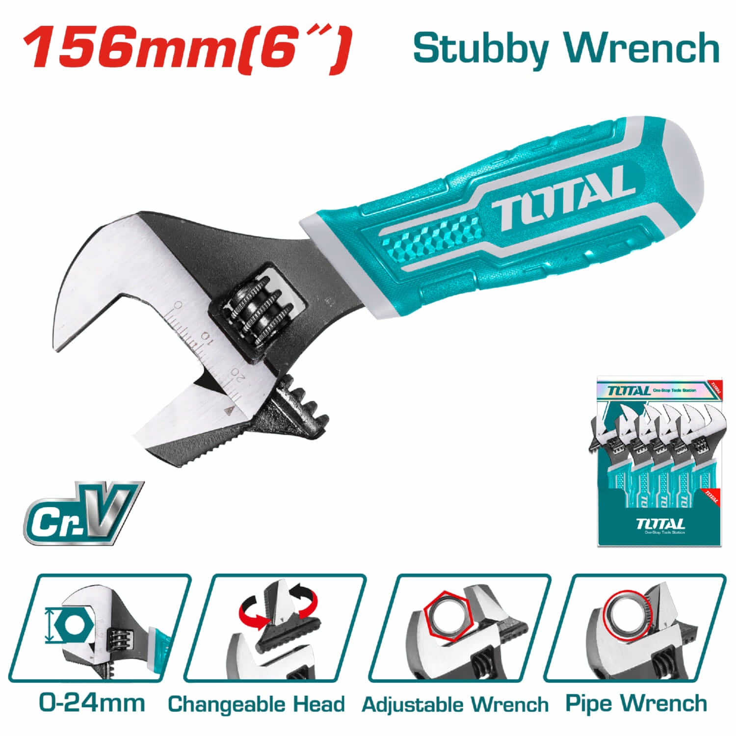 Llave Ajustable 2 En 1 De 6" Función Llave Para Tubos. Apertura ajustable: 0-24mm Cr-V.