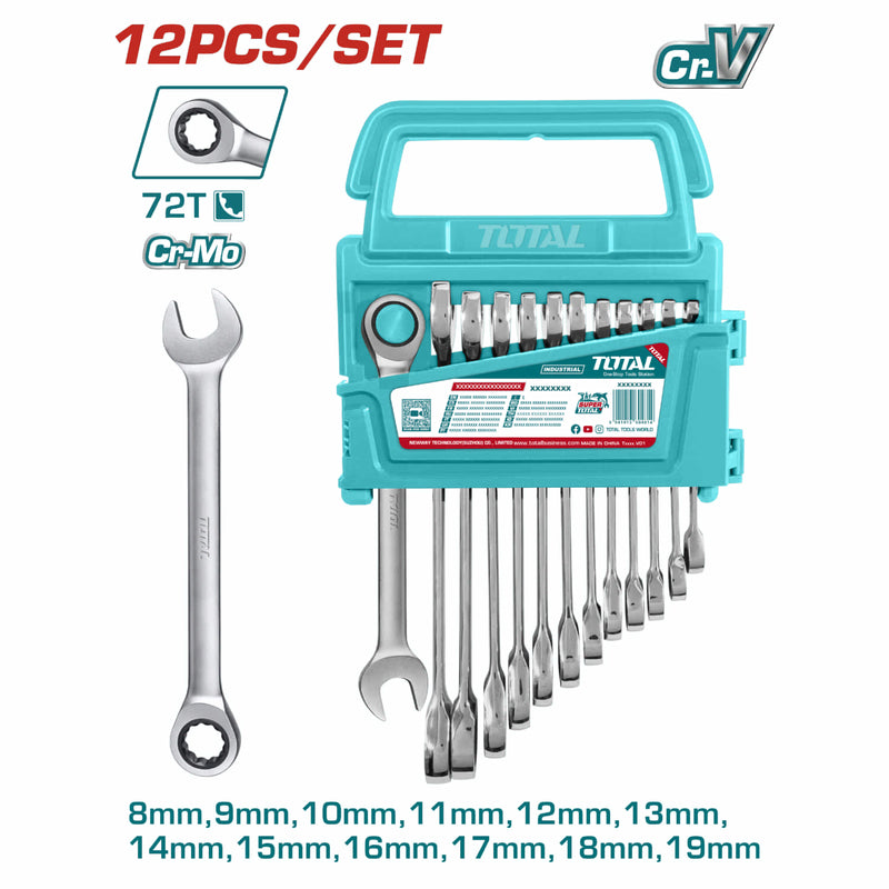 Llaves Combinadas Con Ratchet De 8 A 19mm. Set de 12 piezas. Pulido Fino.