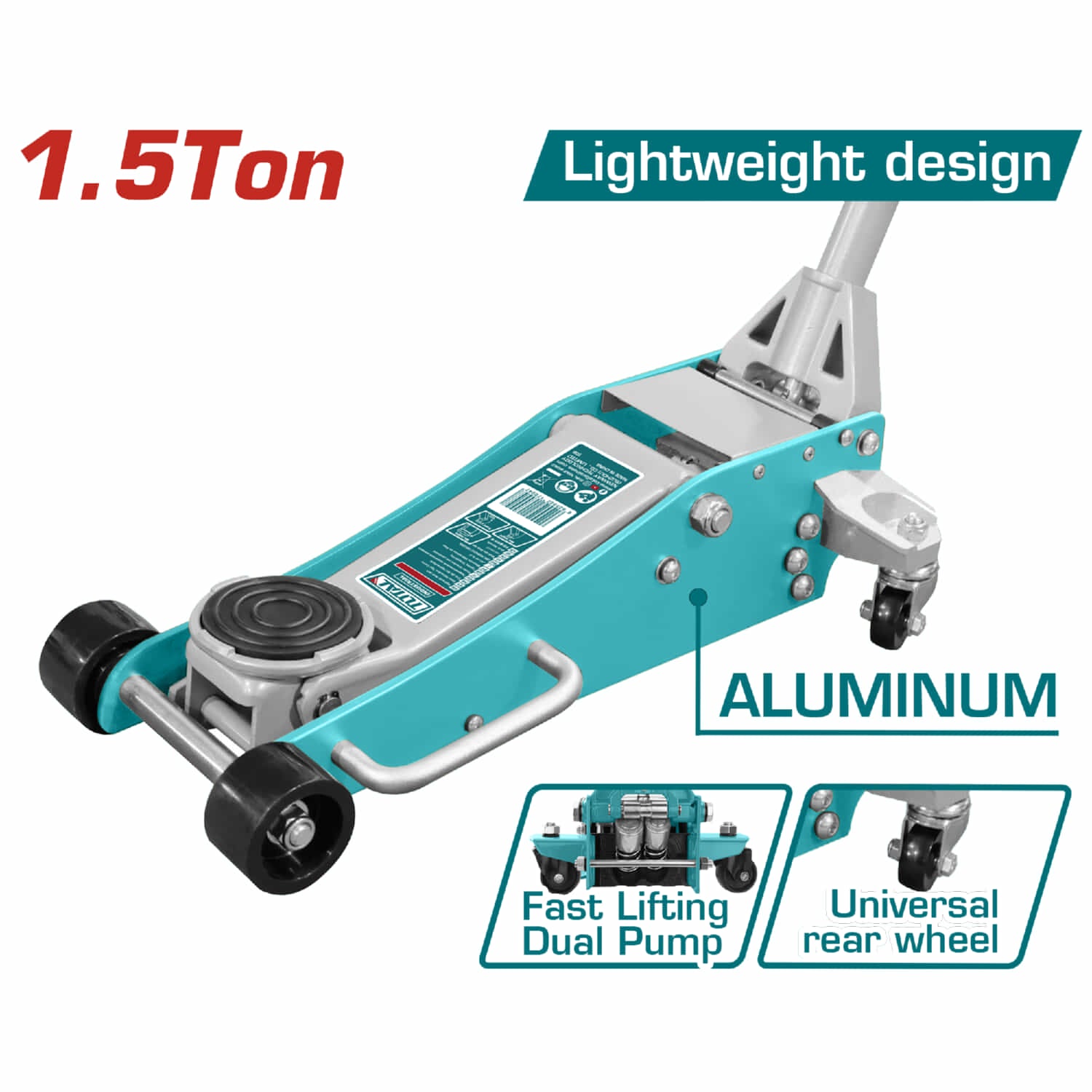 Gato hidráulico de piso 1.5 toneladas. Altura min: 90mm. Altura máx: 358mm. Gato tipo patín.