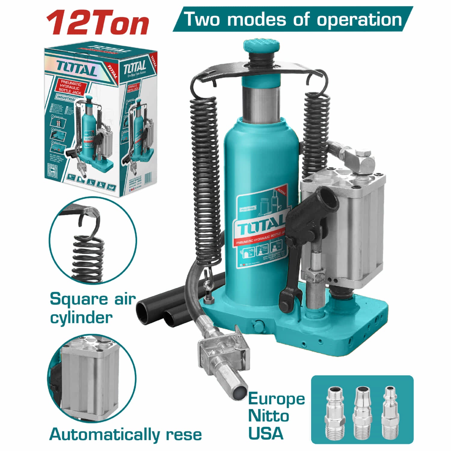 Gato Hidráulico Neumático Tipo Botella de 12 Toneladas. Altura Máx. 505mm, Mín. 260mm.