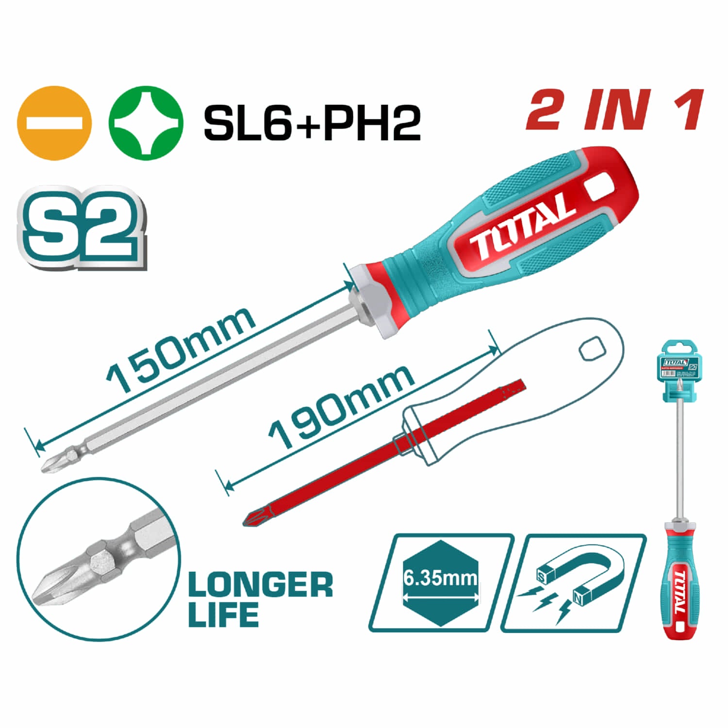Destornilladores PH2 y SL6. Juego 2 en 1 con Mango Intercambiable. Acero S2.