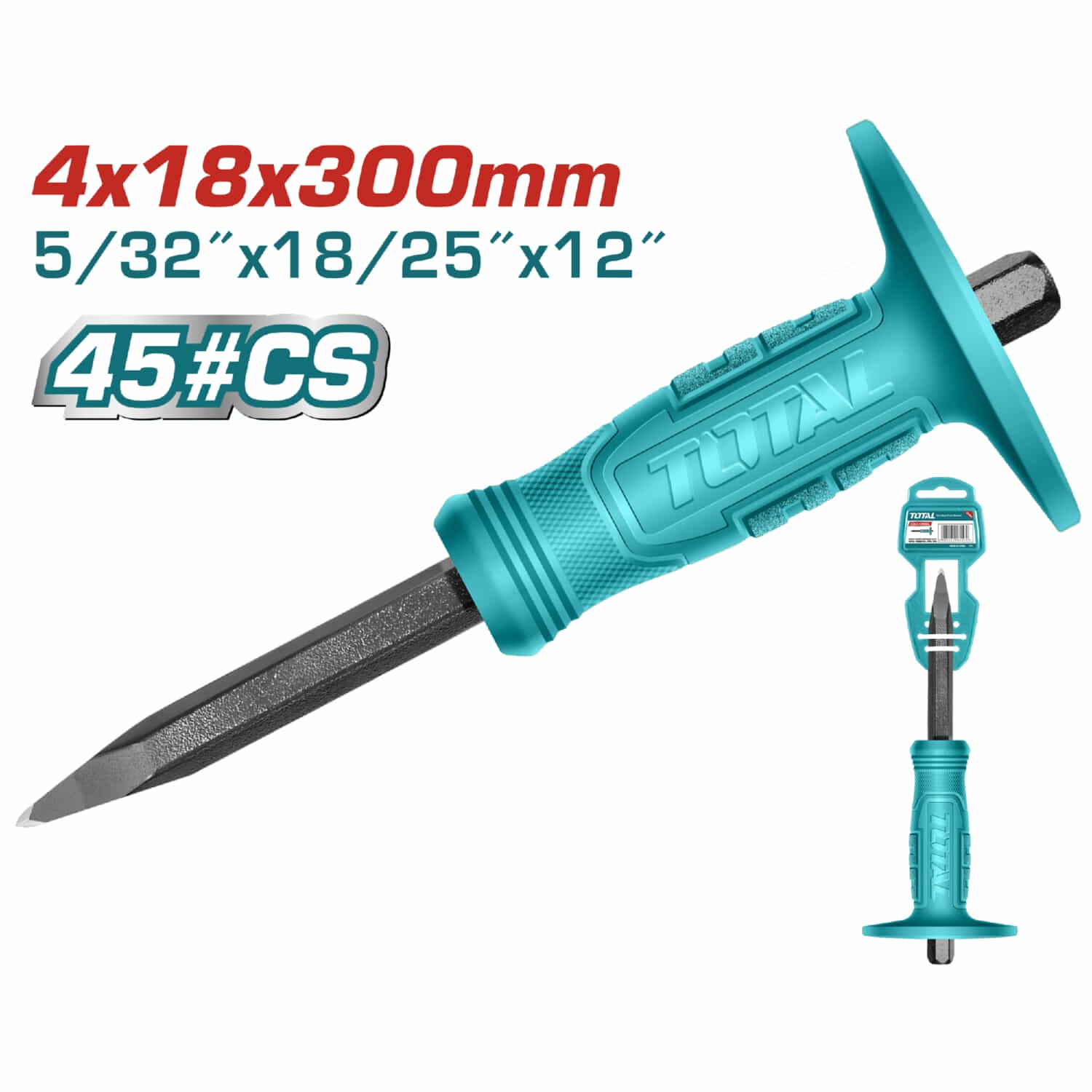 Cincel de Hormigón 4x18x300mm. Tratamiento térmico. Acero al carbono #45.