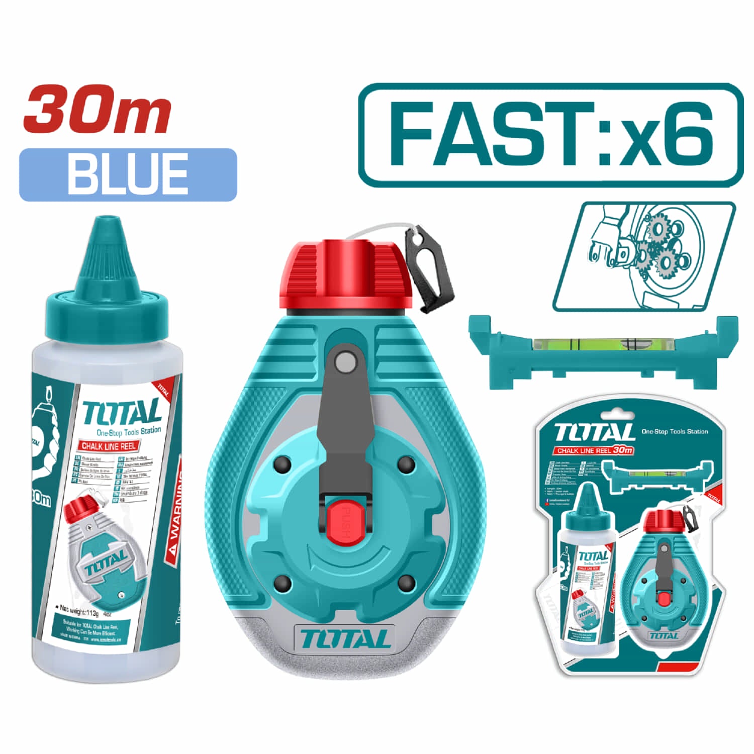 Tira línea (Chalk Line) 30 Mts. Con Manivela De Acero Inoxidable, Botella De Tiza Azul 113g Y Retracción Rápida 6:1.