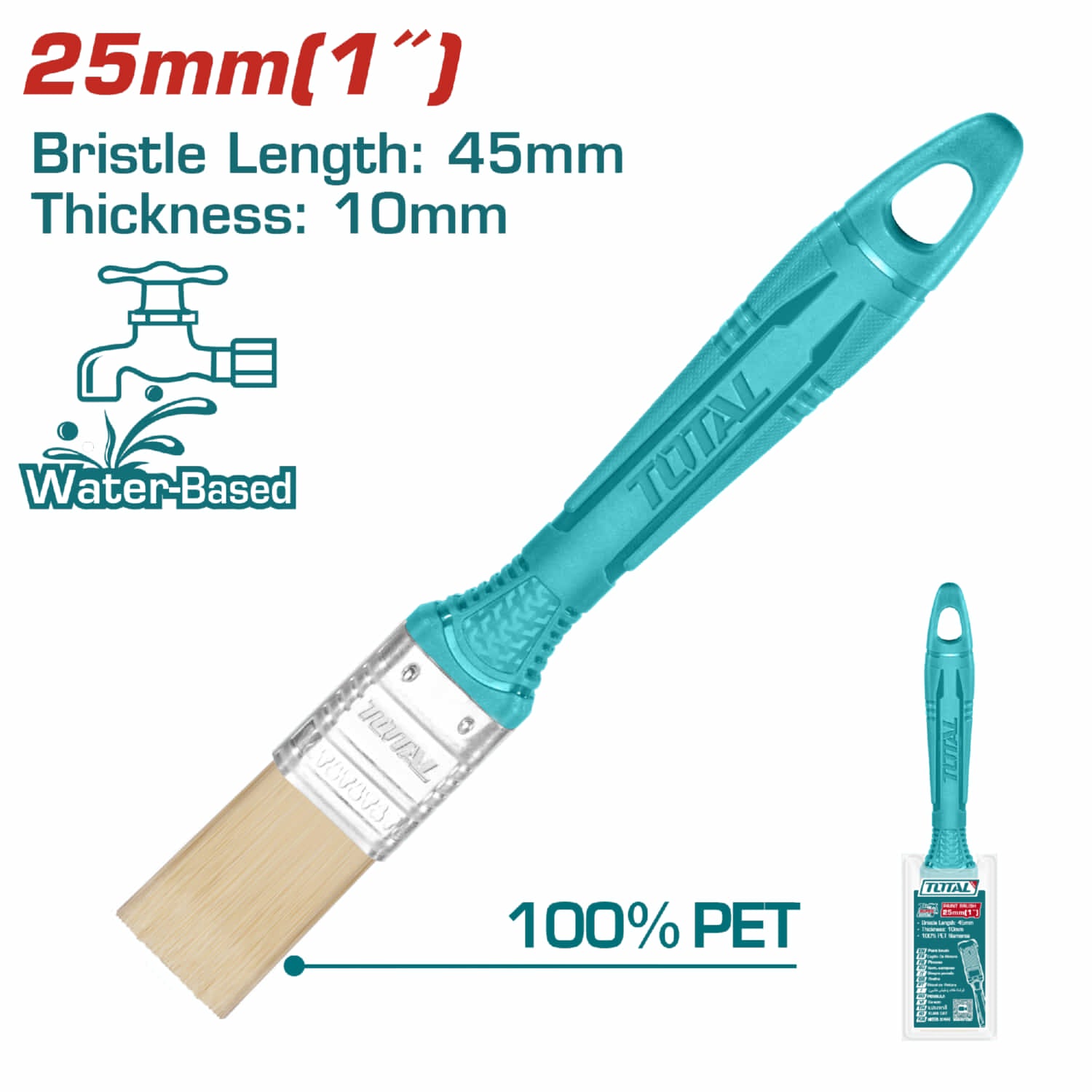Brocha de 1" (25mm) con Cerdas 100% PET. Long: 45mm. Grosor: 10mm. Para pintura a base de agua.