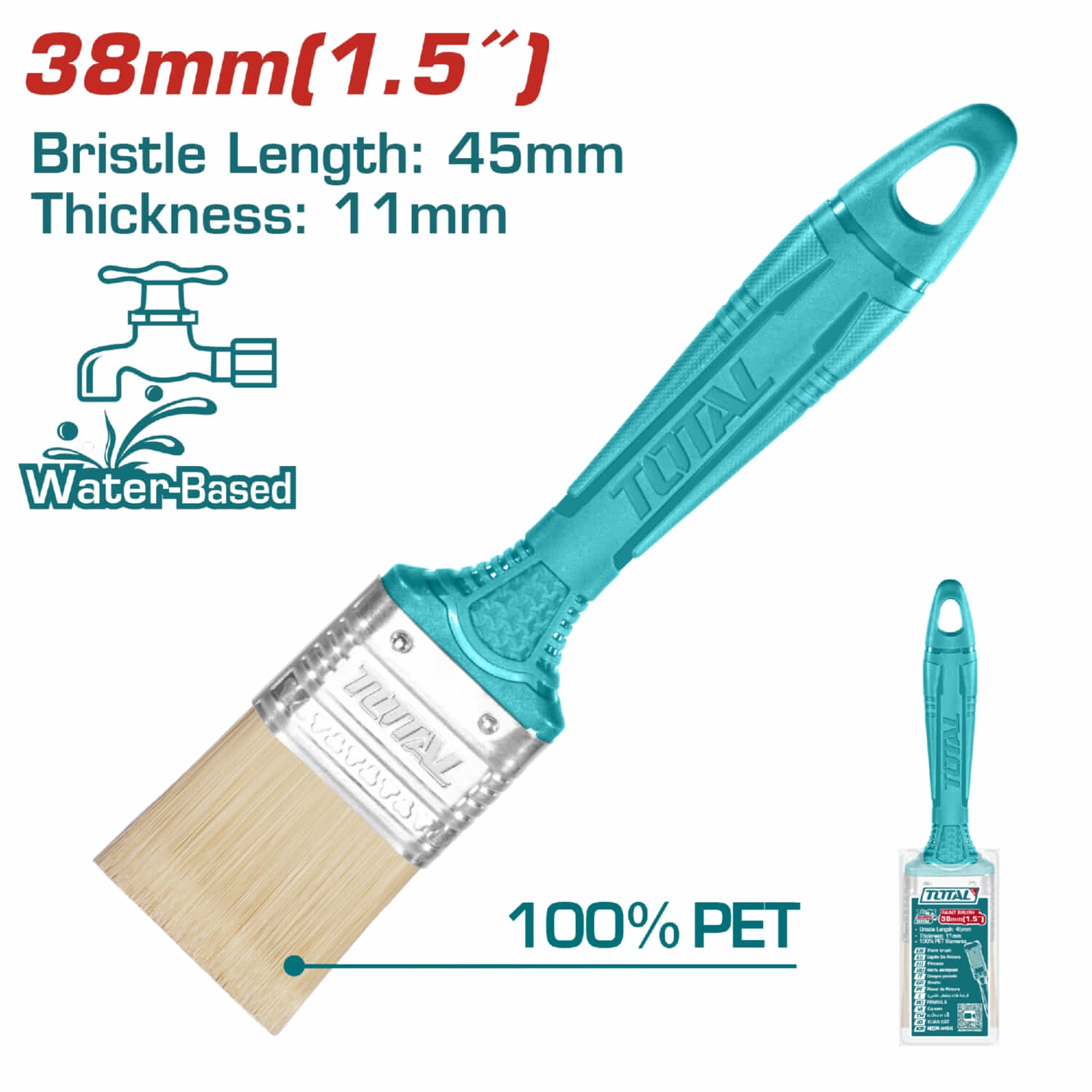 Brocha de 1.5" (38mm) con Cerdas 100% PET. Long: 45mm. Grosor: 11mm. Para pintura a base de agua.