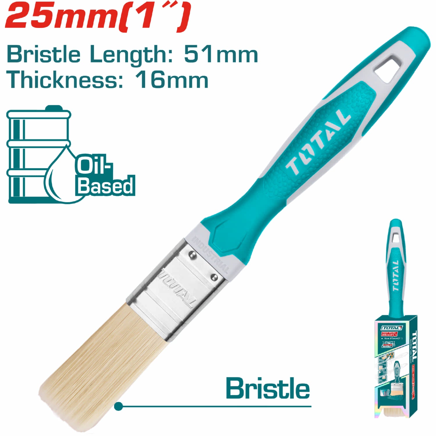 Brocha de 1" (25mm). Largo 51mm. Grueso de cerdas 16mm. Para pintura a base de aceite.