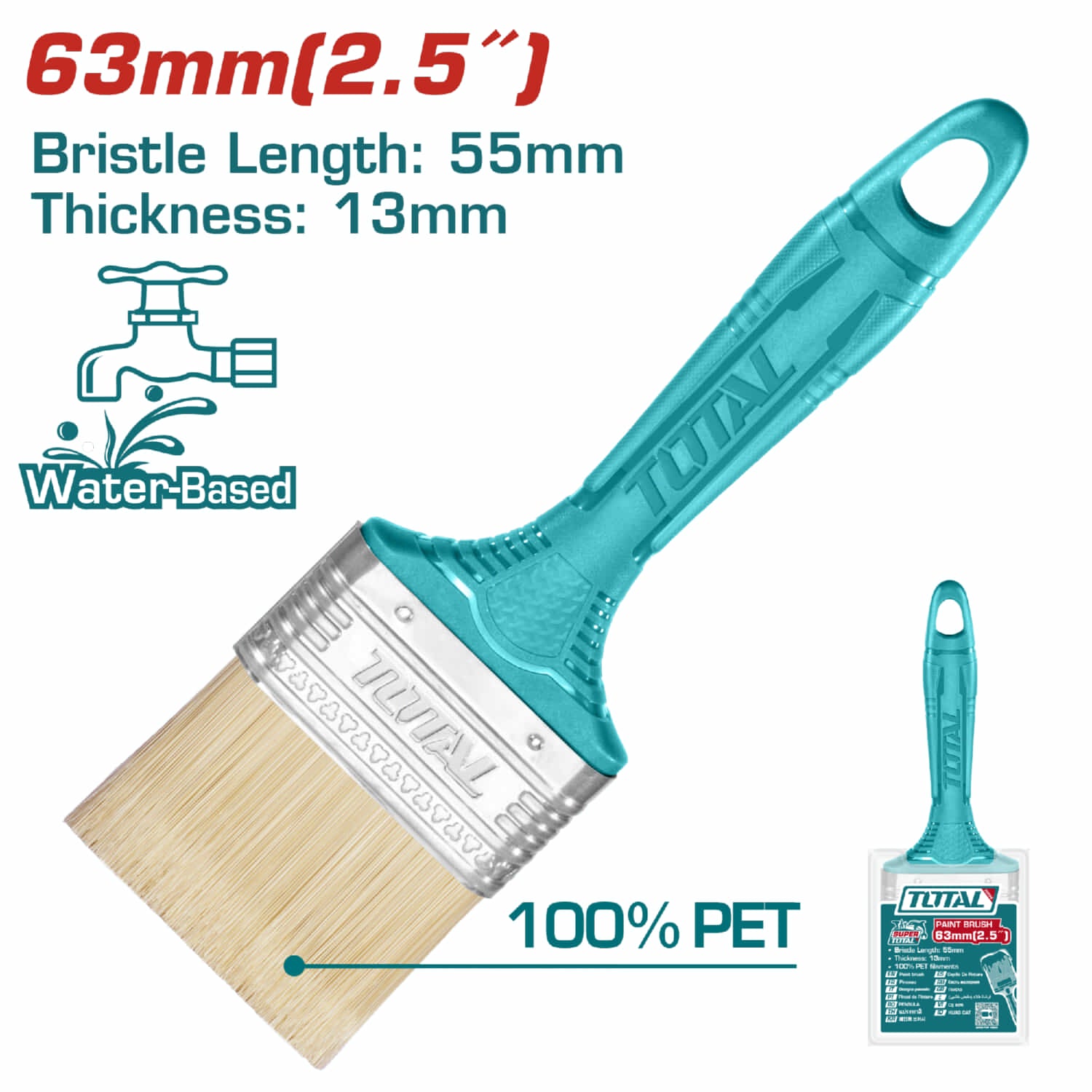 Brocha de 2.5" (63mm) con Cerdas 100% PET. Long: 55mm. Grosor: 13mm. Para pintura a base de agua.