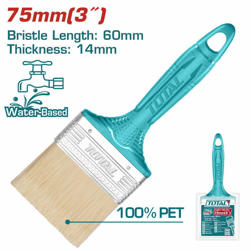 Brocha de 3" (75mm) con Cerdas 100% PET. Long: 60mm. Grosor: 14mm. Para pintura a base de agua.
