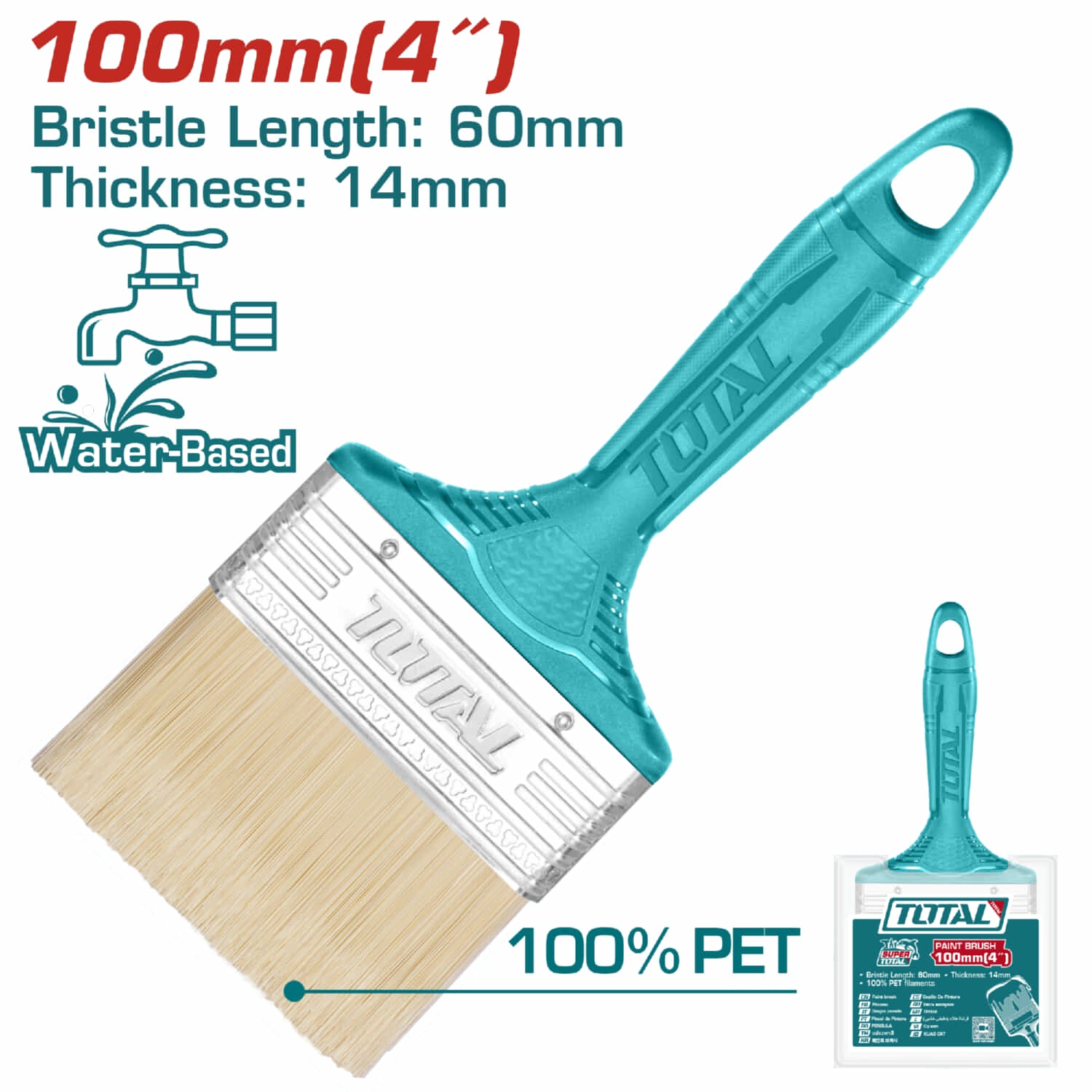 Brocha de 4" (100mm) con Cerdas 100% PET. Long: 60mm. Grosor: 14mm. Para pintura a base de agua.