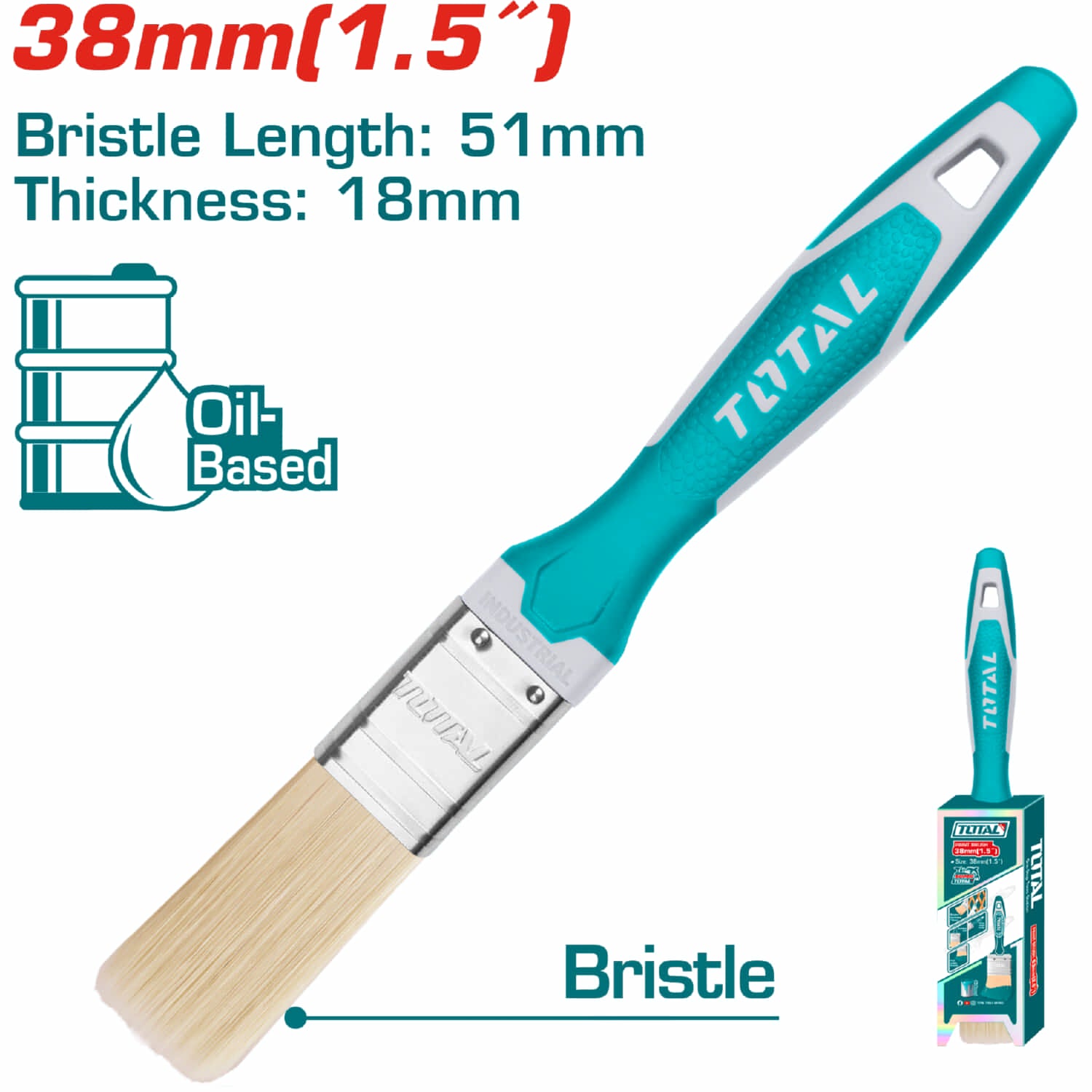 Brocha de 1.5" (38mm). Largo 51mm. Grueso de cerdas 18mm. Para pintura a base de aceite.