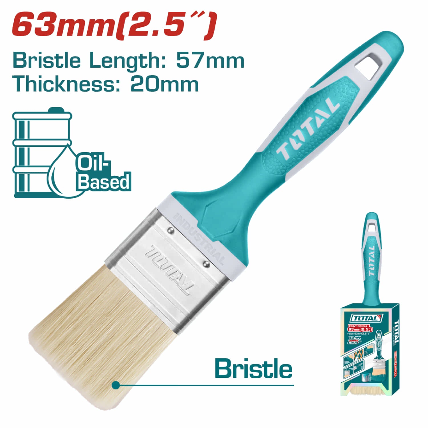 Brocha de 2.5" (63mm). Largo 57mm. Grueso de cerdas 20mm. Para pintura a base de aceite.