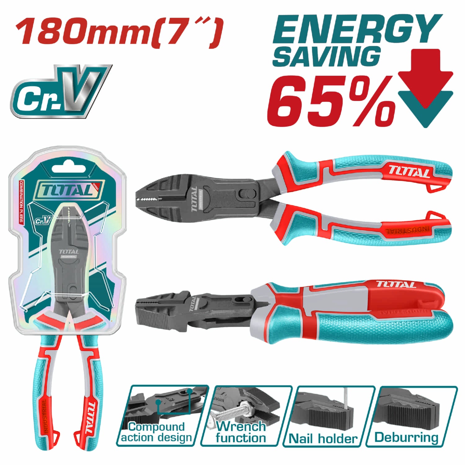 Alicate de combinación acción compuesta 7"/180mm Cr-V. 65% ahorro de energía. Mango ergonómico.