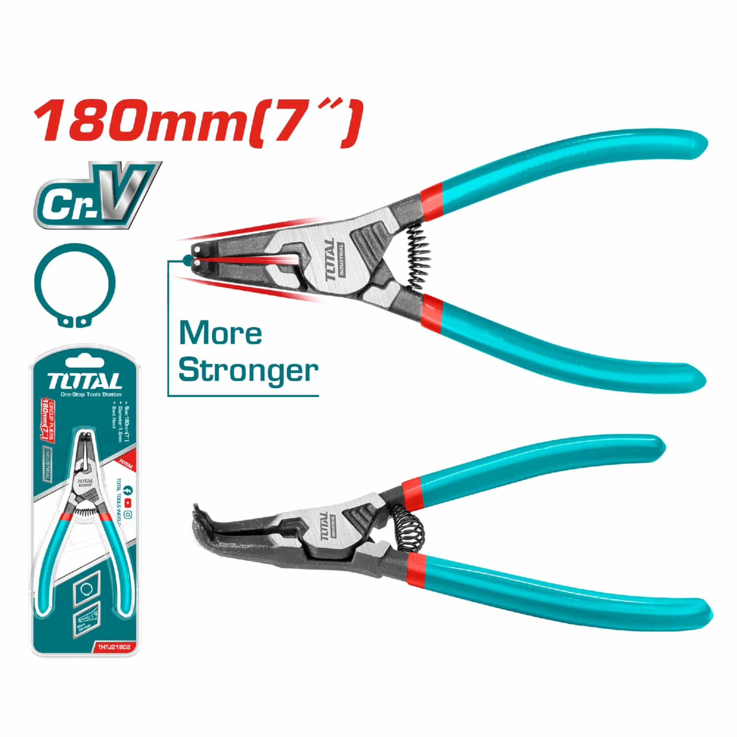 Alicate punta doblada 180mm (7") Incluye anillo de retención externo 1.8mm Cr-V.