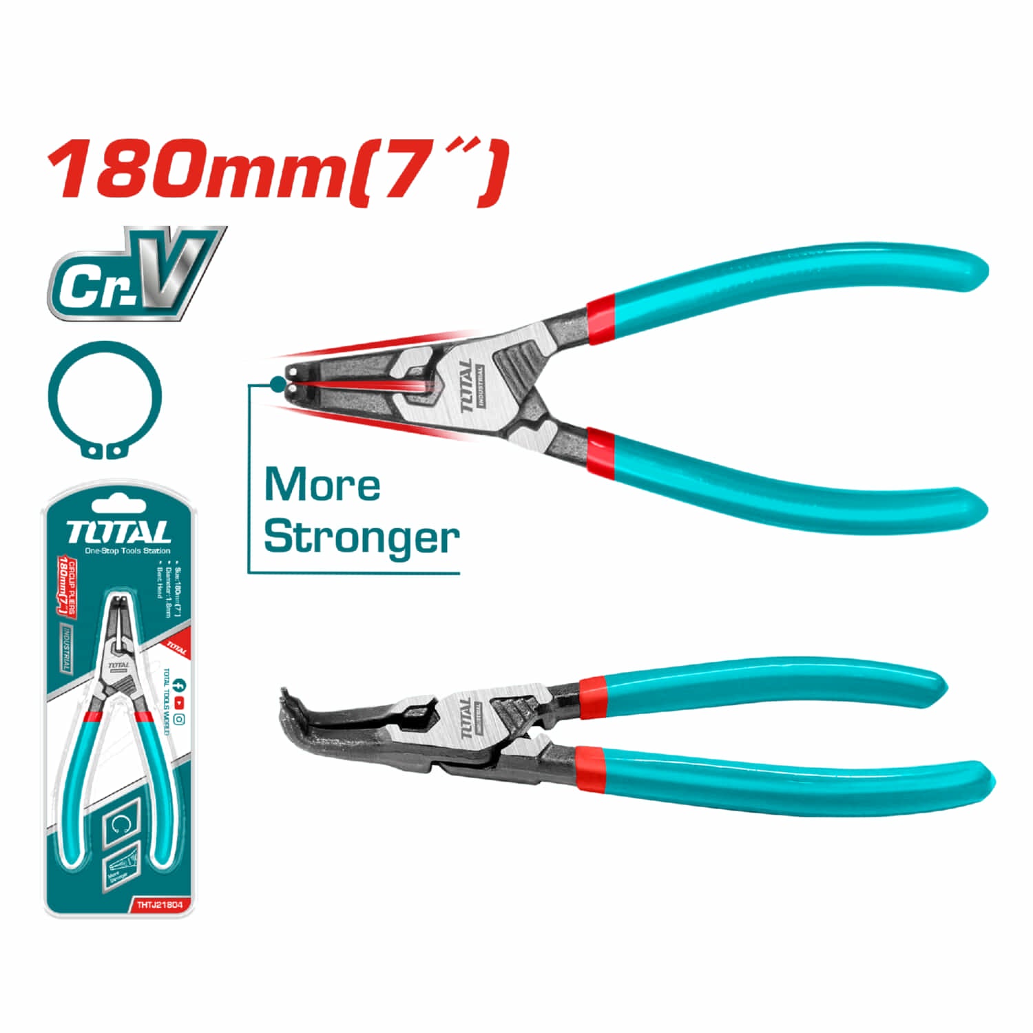 Alicate punta doblada 180mm (7") Incluye anillo de retención interno 1.8mm Cr-V.