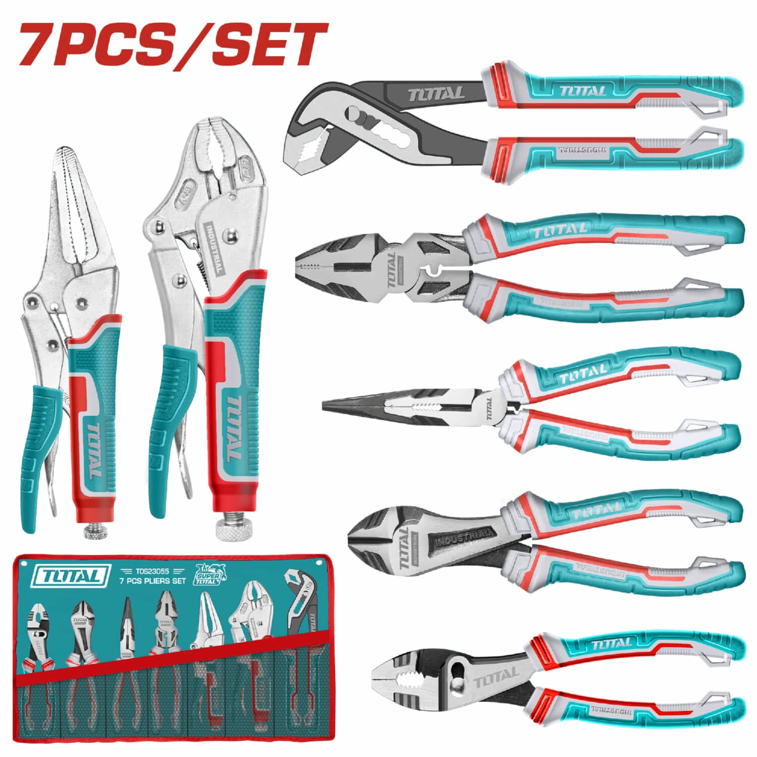 Alicates Variados (Bomba De Agua, Alta Palanca, Punta Larga, Corte Diagonal, Bloqueo Curvo y Recto, Universal). Set De 7 Piezas.