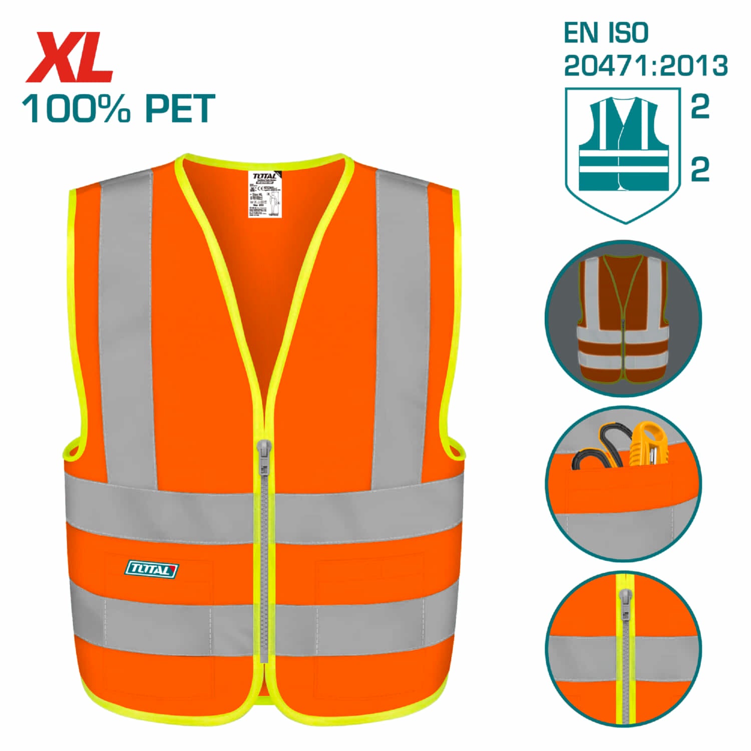 Chaleco Reflectivo De Seguridad Con Zipper Y Bolsillos. Color naranja fluorescente. (Talla XL)