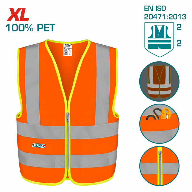 Chaleco Reflectivo De Seguridad Con Zipper Y Bolsillos. Color naranja fluorescente. (Talla XL)