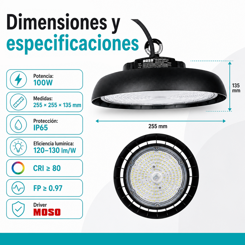Lámpara LED UFO Industrial 100W High Bay IP65 6500K. Iluminación Potente. Ideal Para Bodegas Galeras Talleres Y Comercios (250x143mm).