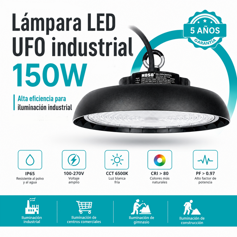 Lámpara LED UFO Industrial 150W High Bay IP65 6500K. Iluminación Potente.Ideal Para Bodegas Galeras Talleres Y Comercios (280x156mm).
