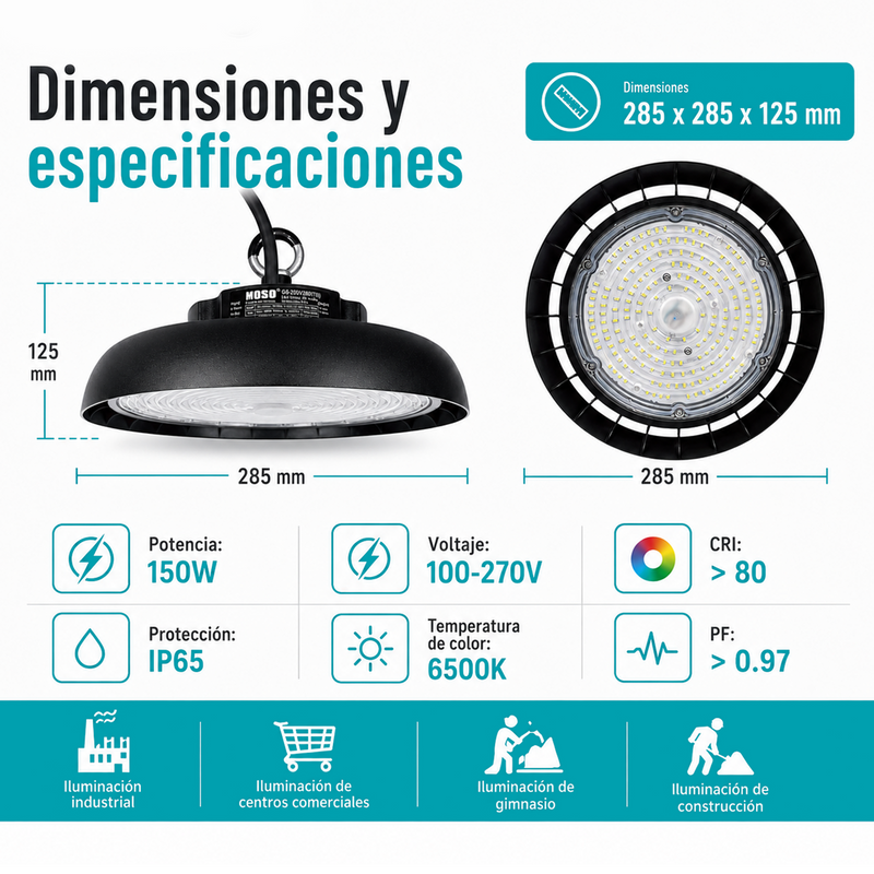 Lámpara LED UFO Industrial 150W High Bay IP65 6500K. Iluminación Potente.Ideal Para Bodegas Galeras Talleres Y Comercios (280x156mm).