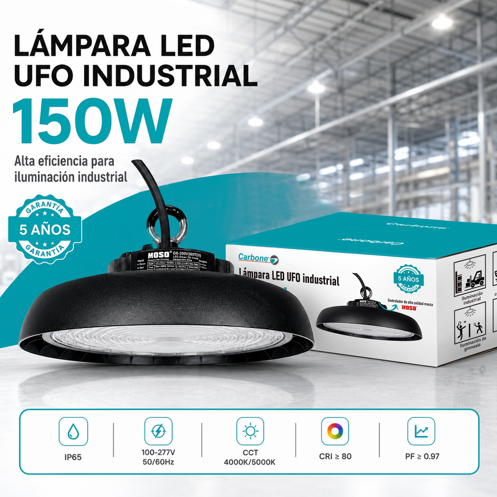 Lámpara LED UFO Industrial 150W High Bay IP65 6500K. Iluminación Potente.Ideal Para Bodegas Galeras Talleres Y Comercios (280x156mm).